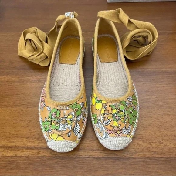 Tory Burch Minnie Rust Wallpaper Floral Leather Ballet Ankle Tie Espadrille Flat - Picture 2 of 6